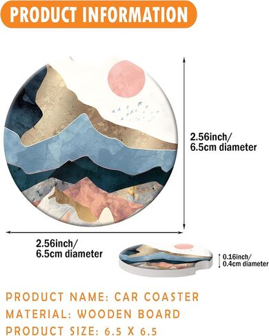 2 Pack Vintage Ceramic Car Coasters 2.56 Inch,Absorbent Car Cup Holder Coaster for Women,Auto Accessories with Finger Notch - Gold Mountain in Saudi Arabia