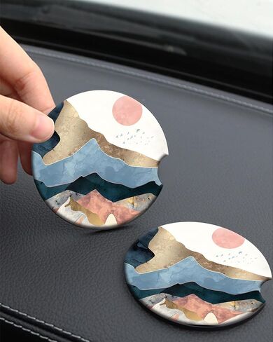 2 Pack Vintage Ceramic Car Coasters 2.56 Inch,Absorbent Car Cup Holder Coaster for Women,Auto Accessories with Finger Notch - Gold Mountain in Saudi Arabia