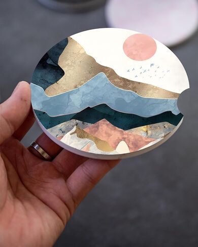 2 Pack Vintage Ceramic Car Coasters 2.56 Inch,Absorbent Car Cup Holder Coaster for Women,Auto Accessories with Finger Notch - Gold Mountain in Saudi Arabia