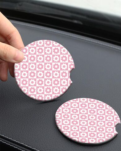 2 Pack Vintage Ceramic Car Coasters 2.56 Inch,Absorbent Car Cup Holder Coaster for Women,Auto Accessories with Finger Notch - Gold Mountain in Saudi Arabia