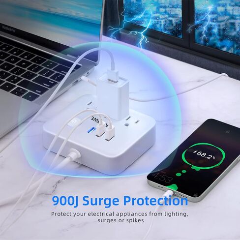 واقي التيار الكهربائي لقطاع الطاقة - 8 منافذ و3 منافذ USB ومنفذ USB-C واحد، 1700 جول، قابس مسطح بزاوية سلك طاقة بطول 6 أقدام، منافذ متباعدة ومنفذ طاقة مدرج في قائمة ETL للمكتب المنزلي in Saudi Arabia