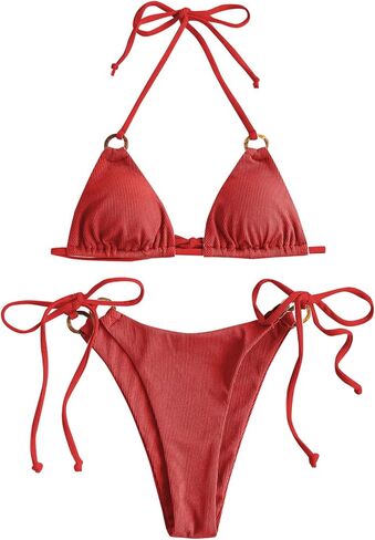 ZAFUL Women's Halter Triangle Bikini Ribbed String Smocked Swimwear Cheeky Thong Swimsuit High Cut Bikini Set in Kuwait