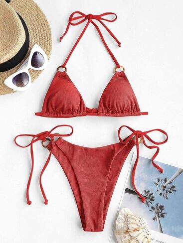 ZAFUL Women's Halter Triangle Bikini Ribbed String Smocked Swimwear Cheeky Thong Swimsuit High Cut Bikini Set in Kuwait