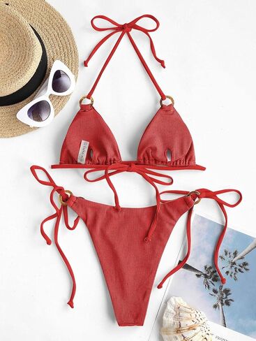 ZAFUL Women's Halter Triangle Bikini Ribbed String Smocked Swimwear Cheeky Thong Swimsuit High Cut Bikini Set in Kuwait