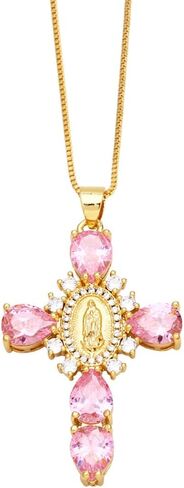 Religious Virgin Mary Cross Teardrop Color Cubic Zirconia Pendant Necklaces for Women in Kuwait