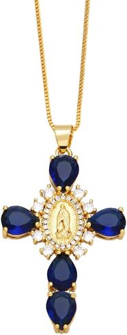 Religious Virgin Mary Cross Teardrop Color Cubic Zirconia Pendant Necklaces for Women in Kuwait
