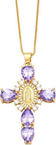 Religious Virgin Mary Cross Teardrop Color Cubic Zirconia Pendant Necklaces for Women in Kuwait
