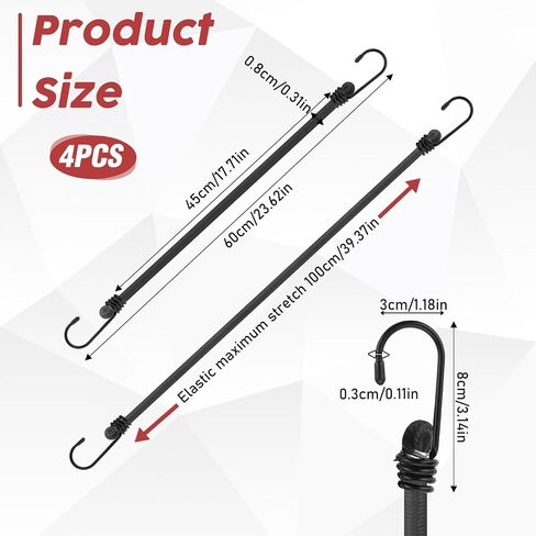 4 Pack Bike Rope Tie Down with Hooks Black Bungee Cords with Hooks, 24" Outdoor Heavy Duty Elastic Rope Tie Down with Metal Hooks for Tents Camping Luggage Rack Cargo Bike in Saudi Arabia