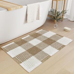 Checkered Waffle Bath Mat for Bathroom Floor, Super Absorbent Boho Farmhouse Bathroom Rugs Non Slip Washable, Ultra Soft Bath Rugs Mats with Tassels for Bathroom, Brown White, 17"x24"