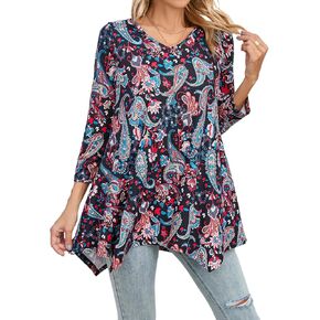 ENMAIN Womens Tunics Tops 3/4 Length Sleeve Plus Size Long Tops to Wear with Leggings Casual Loose Fit Dressy Flowy Blouses