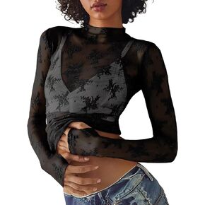 Women Mesh Top Long Sleeve Layering Top Mock Neck Sheer Lace Top See Through Floral Sheer Blouse