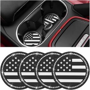 4PCS Bling American Flag Car Cup Holder Coasters, Crystal Rhinestone Insert Auto Cup Holder Pad, Non-Slip Embedded Decor Bottle Mat for Women Girls, Universal for Vehicles (Multicolor/Flag)