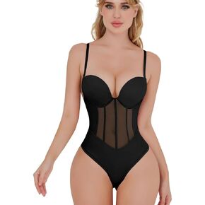 SHYMMUO Women Black Bodysuit Sexy Tummy Control Shapewear Bodysuit Mesh Backless Bodyshaper Corset