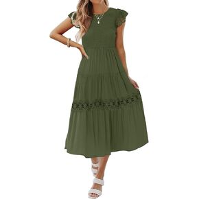ZESICA Women's Casual Crew Neck Flutter Sleeve Smocked High Waist Hollow Out Lace Trim Tiered A Line Midi Dress