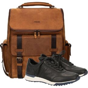 VELEZ 11 Mens Black Business Casual Sneakers + Top Grain Leather Backpack for Men Brown Designer Bookbag Business Casual Shoulder Bag