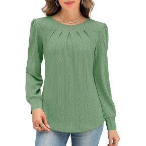 LOMON Womens Long Sleeve Tops Crew Neck Pleated Shirts Dressy Casual Textured Blouses Loose Fit Fall Trendy Basic Clothes