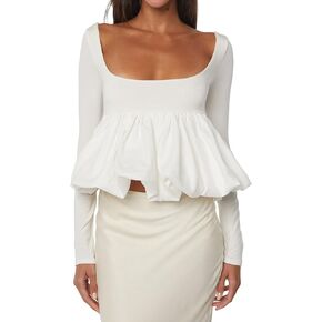 Women Long Sleeve Ruffle Hem Bubble Crop Top Blouse Scoop Neck Backless Slim Patchwork Peplum T Shirt