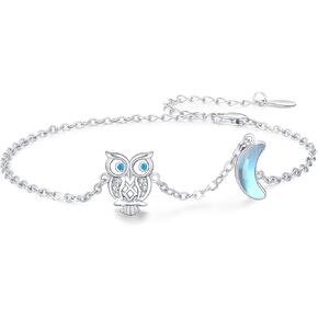 Moonstone Owl Bracelet, 925 Sterling Silver Owl Adjustable Bracelet Moonstone Bird Bracelet Animal Bracelet Owl Jewelry Gift for Women