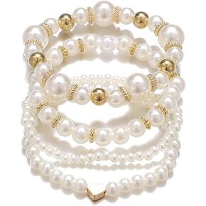 Rrdaily Pearl Beaded Heart Stretch Bracelet Set for Women,Simple Gold Stacking Round Pearl String Beads Bracelets,Sweet Birthday Graduation Jewelry