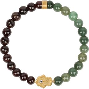 KARMA AND LUCK Luckiest Manifestation Jade & Garnet Hamsa Bracelet for Men and Women, Gold-Plated Brass, Size 7" Stretch