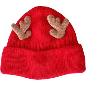 Milisten Knitted Hat for Women Christmas Antlers Soft Warm Winter Hat- Red