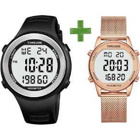 Pedometer Watch for Men and Women No App Connection, with EL Backlight TIMEURE-2308 Black and 2401 Rose Gold