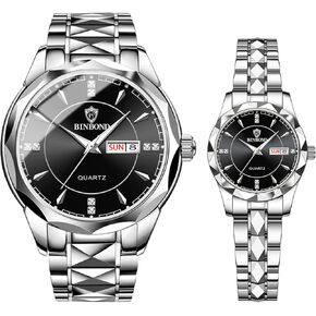 Couple Watches Gift Set: His and Her Rhombus Quartz Analog Stainless Steel Luminous Hands Date 3 ATM Waterproof Business Casual Valentine's Day Christmas Men Women Watch Sets