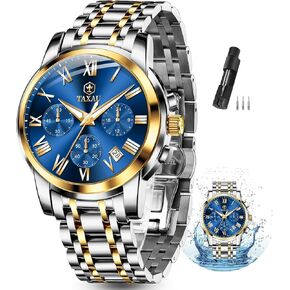Men's Stainless Steel Watches Classic Big Face Easy To Read Chronograph Watch for Men Dress Analog Quartz Watches Waterproof Roman Numerals Men's Wrist Watch With Date Luminous Reloj Para Hombre