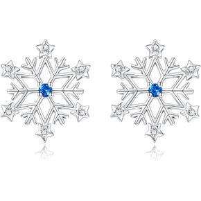 925 Sterling Silver Snowflake Earrings Blue Cubic Zircon Stud Earring Hypoallergenic for Sensitive Ear Christmas Jewelry Gifts for Women