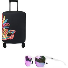 Explore Land Retro Rectangle Sunglasses Bundle with Luggage Cover Carnival M (Pink Mirrored Lens White Frame)