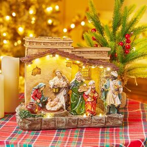 Brightown Christmas Manger Nativity Sets, Lighted Nativity Scenes Indoor with Music and Rotating Baby Jesus, Resin Figures for Xmas Decoration and Gift, Home Table Fireplace Decor
