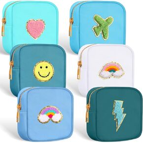 Zubebe 6 Pcs Preppy Patch Cute Makeup Bags Toiletry Bags Skincare Bag Chenille Letter Nylon Bag for Purse Small Zipper Cosmetic Makeup Pouch Preppy Things for Travel (Cute Color)
