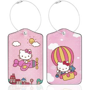 2 Packs Kawaii Kitty Luggage Tags for Suitcases Cute Cartoon Anime Cat PU Leather Name ID Labels with Privacy Flap Stainless Steel Loop Travel Cruise Essentials Gifts for Kids Girls Women Baggage Bag