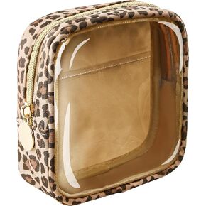 Yarnic Mini Leopard Clear Makeup Bag Transparent Toiletry Bags Cute Cosmetic Bag with Clear Interior Pocket and D-ring Makeup Organizer Pouch Small Attachable Clear Pocket Cheetah