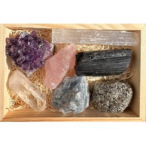 CRYSTALYA Premium Raw Crystals and Healing Stones in Wooden Gift Box Set + 50pg EBOOK + Info Guide – 7pcs Large 2-2.5" Natural Raw Crystals, Collection, Yoga, Reiki, Made in U.S.A