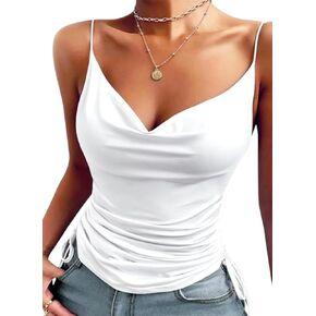 2024 Sexy Spaghetti Strap Tank Top, Loose Fit Neck Backless Camisole Tops for Women with Side Drawstring Ruched