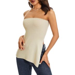 Chloefairy Women 's Sexy Knit Bandeau Tube Top Strapless Asymmetrical Slit Hem Solid Slim Fit Y2K Summer Tank Top