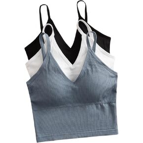 OYOANGLE Women's 3 Pack Spaghetti Strap Backless Cami Top V Neck Ribbed Crop Camisole