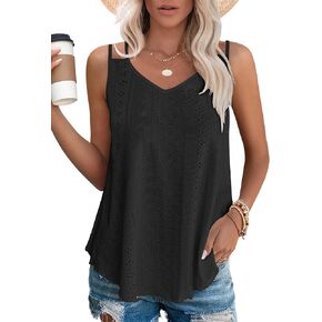 Cysincos Womens Flowy Tank Tops Sleeveless Eyelet Embroidery V Neck Camisoles Summer Loose Fit
