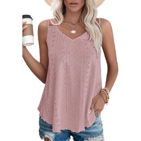 Cysincos Womens Flowy Tank Tops Sleeveless Eyelet Embroidery V Neck Camisoles Summer Loose Fit