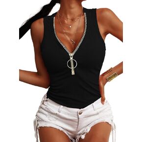 Jauoop Womens Sexy V Neck Low Cut Tank Tops Zipper Up Knit Ribbed Sleeveless Cami Shirts
