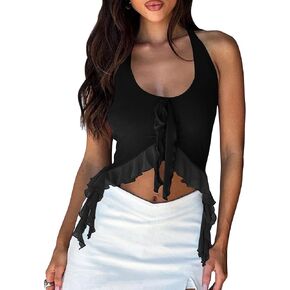 cailami Women's Sexy Halter Going Out Crop Tops Sleeveless Backless Ruffle Hem Tank Tops