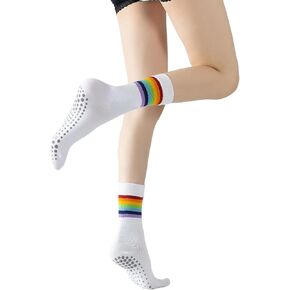 Yoga Pilates Socks with Grips for Women Striped Cushioned Non Slip Crew Socks for Barre Ballet Dance