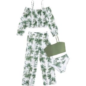 WDIRARA Girl's 4 Piece Swimsuit Tropical Print Bikini Swimsuit with Cold Shoulder Cover Up Set