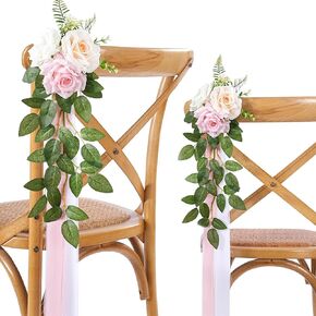 Fanqisi Wedding Aisle Decor Chair Flowers: 10 Pieces White Rose Flowers with Ribbons - Church Chair Decorations Artificial Flowers