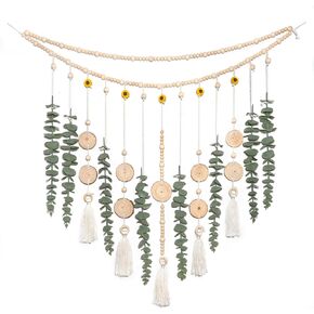 Artificial Hanging Eucalyptus Wall Decor Fake Plant Greenery Stems on 29" Sunflower Bead Garland Sage Green Boho Rustic Farmhouse Wall Art for Bathroom Bedroom Living Room