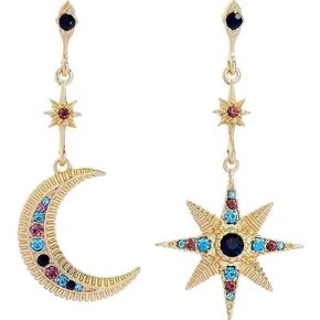 Moon Sun Star Earrings for Women Dainty Long 14K Gold Crescent Moon Star Asymmetrical Dangle Drop Planet Earrings Fashion Valentines Day Gift Jewellry