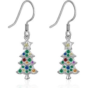 Christmas Tree Earrings, Christmas Bow Earrings, Santa Earrings for Women Colorful Dangle Drop Holiday Hook Star Sterling Silver White Gold