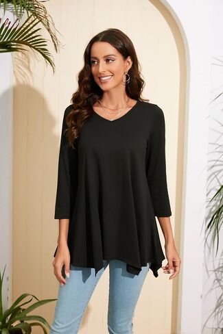 ENMAIN Womens Tunics Tops 3/4 Length Sleeve Plus Size Long Tops to Wear with Leggings Casual Loose Fit Dressy Flowy Blouses in Saudi Arabia