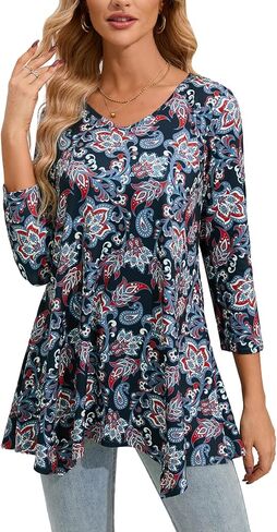 ENMAIN Womens Tunics Tops 3/4 Length Sleeve Plus Size Long Tops to Wear with Leggings Casual Loose Fit Dressy Flowy Blouses in Kuwait